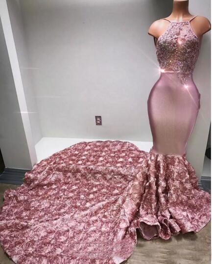 Cascading Ruffles Rose Pink Long Prom Dresses Halter Sexy Back Rose Flower Sweep Train Appliques Beaded Sequined Mermaid Evening Dress