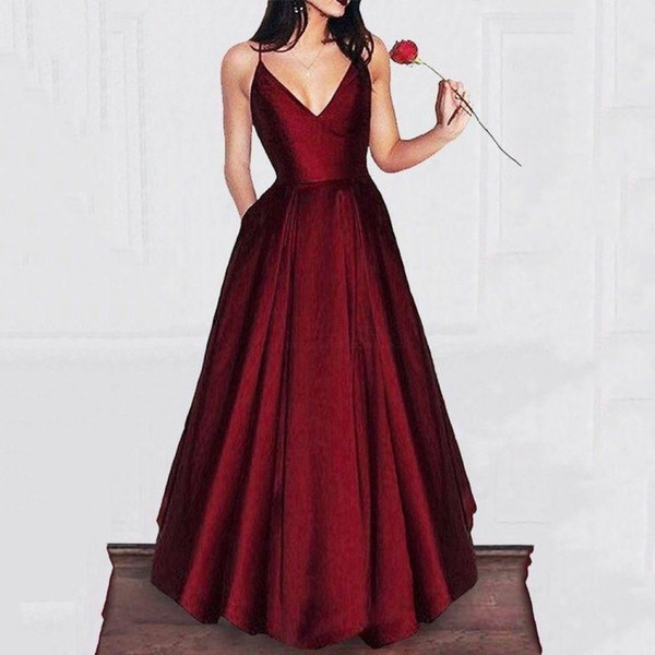 Cheapest Burgundy Evening Dresses A Line Elegant Women Prom Dresses Spaghetti Straps Satin Party Gowns With Pockets