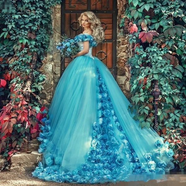 Blue masquerade Ball Gown Quinceanera Dresses Prom Ball Gowns with Handmade Flowers Off the shoulder Court Train Tulle Prom sweet 16 Dress