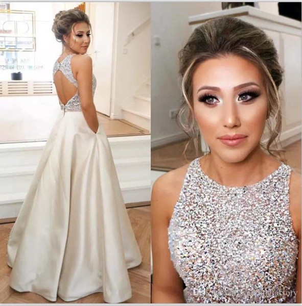 Jewel Top Beaded Prom Dresses Long Puffy Sequin Crystal Floor Length Prom Gowns Couture Keyhole Back Dresses Evening Wear Real Party 