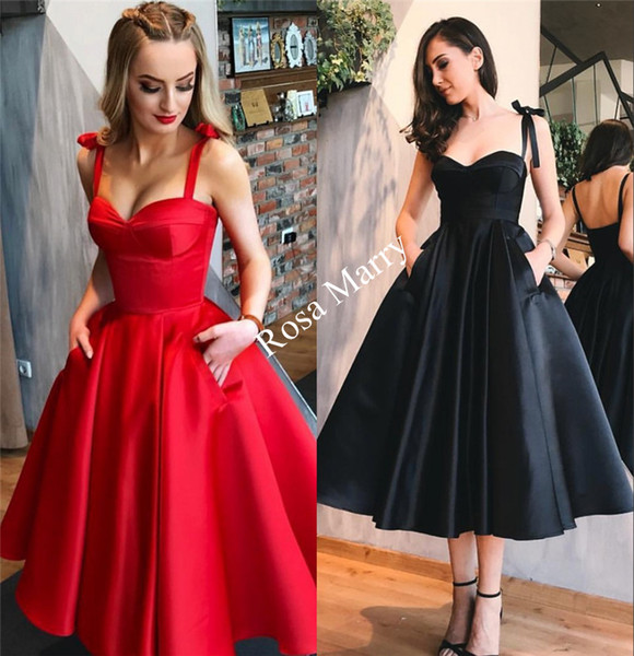 1950s Retro Red Black Prom Dresses A Line Tea Length Plus Size Cheap Satin Short Cocktail Evening Party Gowns with Pockets