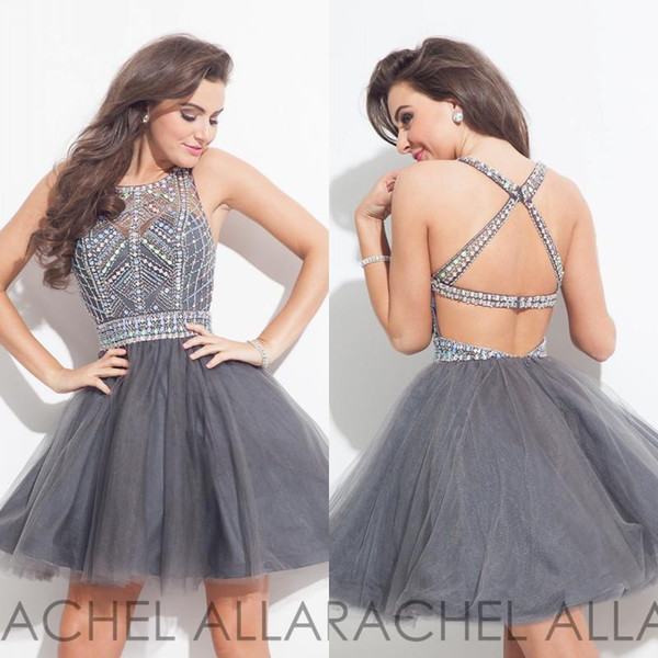 Elegant Grey Crystal 2016 Homecoming Dresses Backless Sexy Tulle Beads Mini Short Cocktail Dresses Party Gown Ball Prom Dress Custom