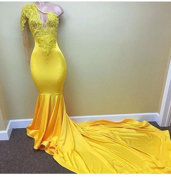 Sexy Yellow One shoulder Long Sleeve Black Girls Prom Dresses Appliques Lace Evening Dress Elastic Satin Mermaid African Party Gowns