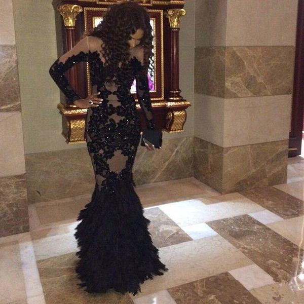 Luxury Black Feather Prom Dresses With Long Sleeves Sheer Champange Arabic Evening Gowns Real Tulle Mermaid Formal Dresses Gowns Plus Size