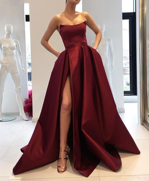 Burgundy Long Evening Dresses High Split Formal Pageant Gowns Tailored Celebrity Red Carpet Prom Dress Cheap Custom Made