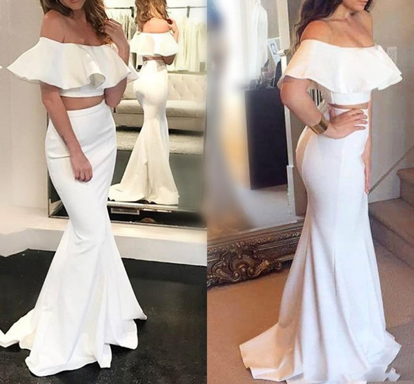 Sexy Bateau Mermaid Prom Dresses Two Piece Plus Size Satin Evening Gowns Simple Floor Length Prom Dresses