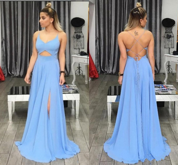 Sexy Spaghetti Backless Side Split Prom Dresses Ocean Blue Simple Chiffon Evening Gowns Cheap Custom Made A-line Bridesmaid Dress