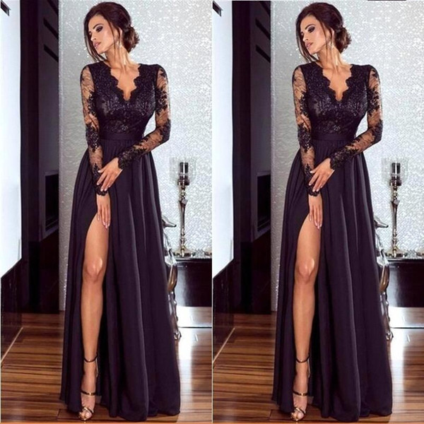 Formal Sexy Side Split Long Sleeve A Line Evening Dresses Cheap Applique V Neck Lace Party Gown Prom Dress 164