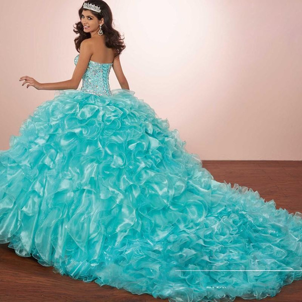 Luxury Crystals Princess Puffy Quinceanera Dresses Turquoise Ruffles Vestidos De 15 Masquerade Dress with Bolero jacket