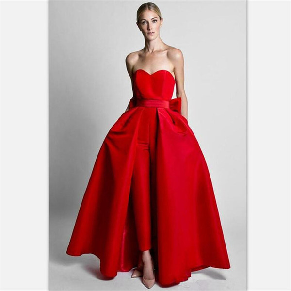 Krikor Jabotian Red Jumpsuits Evening Dresses With Detachable Skirt Sweetheart Prom Gowns Custom Made Pants Suits for Women Two Pieces