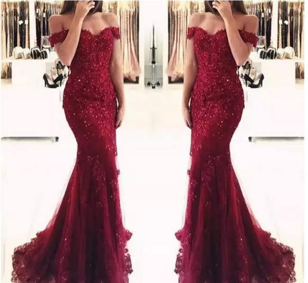 red Off The Shoulder Evening Dresses Tulle Appliques Beaded Mermaid Long Custom Made Formal Evening Gowns Prom Party skirt