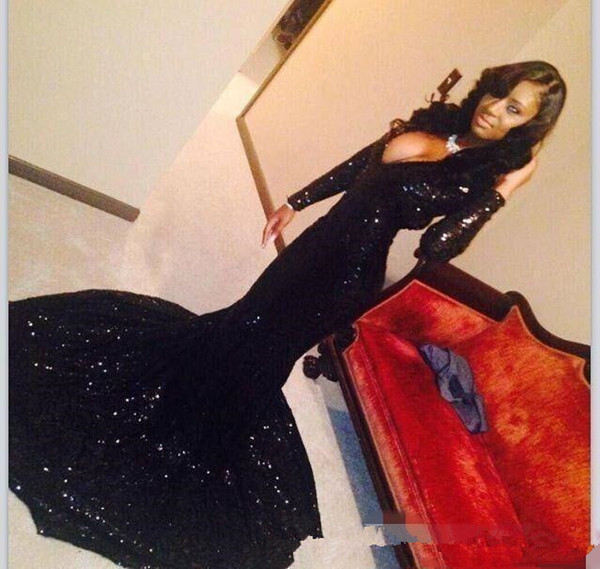 New Black Deep V-neck Long Sleeve Sequined Lace Sexy Elegant Fishtail Mopping Prom Dress for 