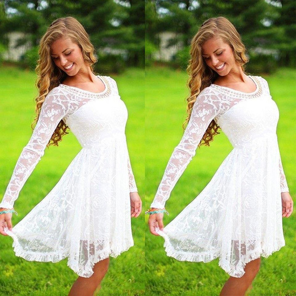 White Beaded Lace Homecoming Dresses A Line Scoop Long Sleeves Short Prom Pary Dresses Formal Evening Gown SH001