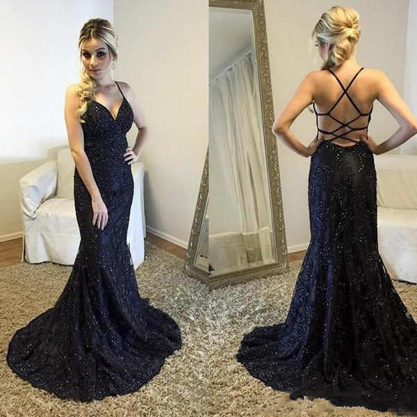 Black Mermaid Prom Dresses Spaghetti Lace Applique Beaded Crystal Criss Cross Straps Back Sweep Train Formal Party Wear Evening Gowns