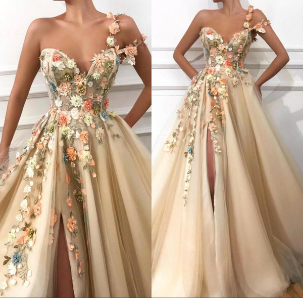 One Shoulder Tulle A Line Long Prom Dresses 3D Floral Lace Applique Beaded Split Floor Length Formal Party Evening Dresses BC0684