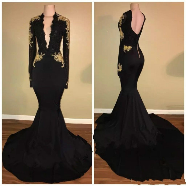 Fashion Deep V-Neck Mermaid Black Prom Dresses Gold Appliques Long Sleeve Pageant Arabic Dubai Formal Long Party Gowns Evening Dress