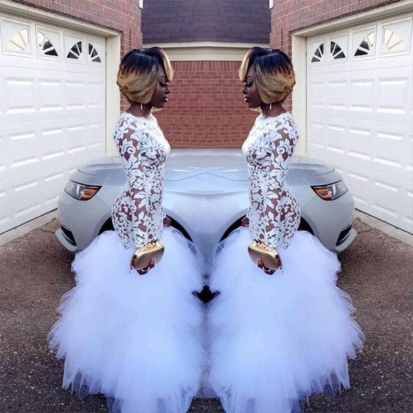 African White Mermaid Lace Prom Dresses for Black Girls Long Sleeves Ruffles Tulle Floor Length Plus Size Evening Prom Gowns Vestidos