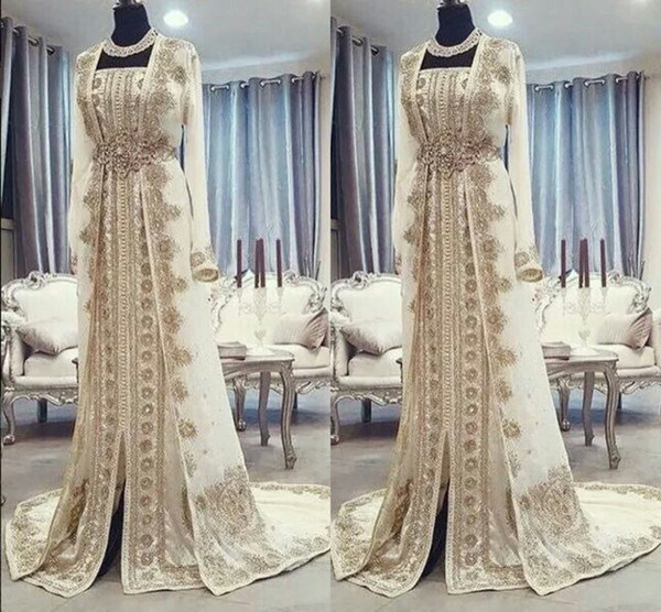 Moroccan Caftan Kaftan Evening Dresses Dubai Abaya Arabic Long Sleeves Amazing Gold Embroidery Square-Neck Occasion Prom Formal Gowns