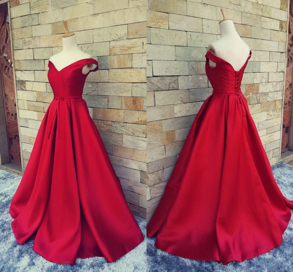 2017 Simple Dark Red Prom Dresses V Neck Off The Shoulder Ruched Satin Custom Made Backless Corset Evening Gowns Formal Dresses Real Image