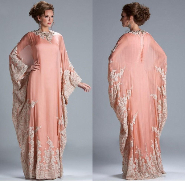 New Chiffon Kaftan Dubai Arabian Evening Dress Long Sleeves Appliques Lace Fitted Muslim Mother of the Bride Dresses Plus Size