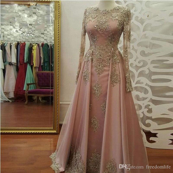 Real Photo Modest Blush Pink Prom Dresses Long Sleeve Lace Appliques Crystal Party Dresses Evening Wear vestidos de fiesta