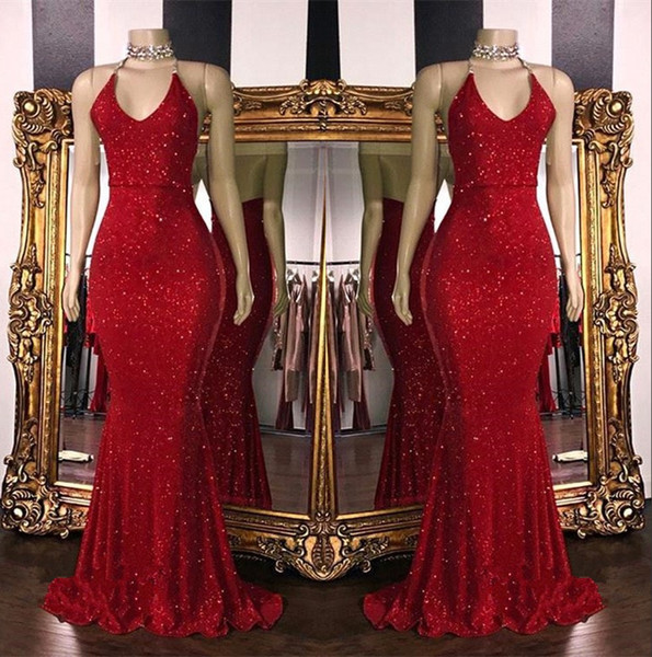 Red Sparkling Sequins Mermaid Long Prom Dresses Halter Beaded Backless Sweep Train Formal Party Evening Dresses BC1085