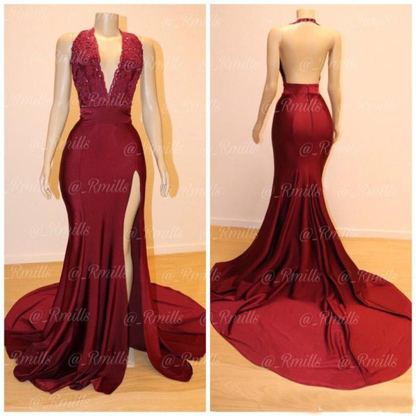 Sexy Mermaid Burgundy Prom Dresses Halter Neck Open Back Split Formal Evening Gowns Bead Lace Black Girls Prom Party Dress