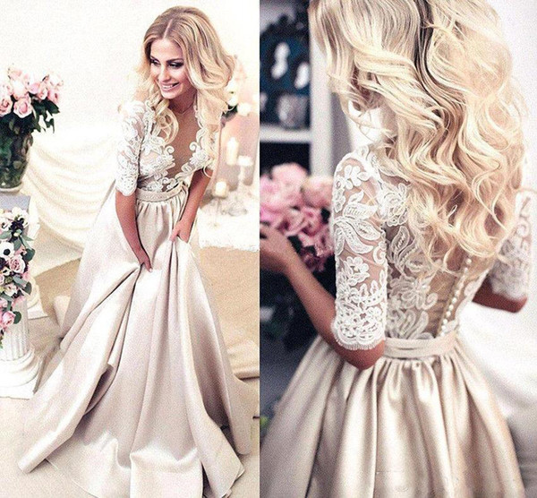 Handmade Half Sleeves Prom Dresses Applique Covered Button Back Lace Evening Long Dresses Junior Skinny Girl Party Gowns Bridal Gowns