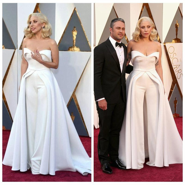 New Fashion 88th Oscar Lady Gaga Celebrity Dresses White Sweetheart Sassy Dresses Trousers Satin Sexy Red Carpet Evening Dresses 106