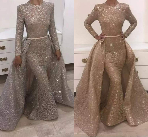 Mermaid Evening Dresses Jewel Long Sleeve Unique Design Evening Gowns Lace With Sequins Beads Crystals Formal Evening Dresses