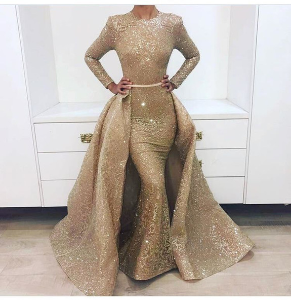 New Stunning long sleeve gold prom dresses Detachable skirt with bustle 2 pieces evening gown Australia Design 1702