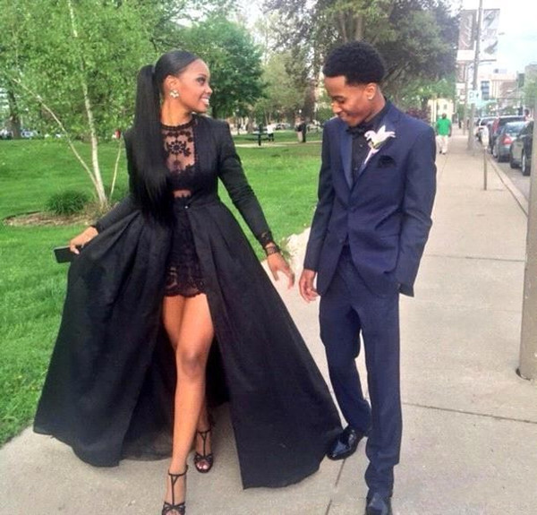 Hot 2k15 Black Prom Dresses Two Pieces Jewel Neck Lace Short Dress With Detached Long Sleeve Sweep Train Taffeta Black Jacket Custom Made