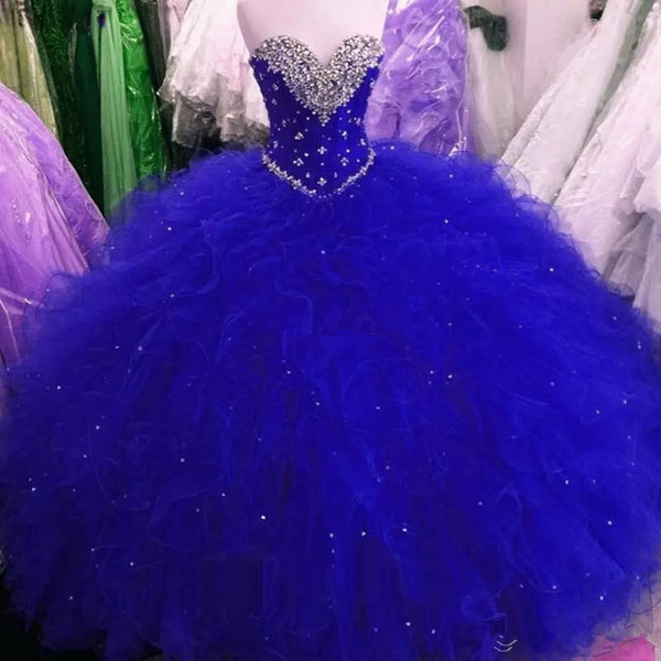 New Royal Blue Sweet 16 Party Debutantes Gowns Puffy Tulle Crystals Sweetheart Neck Corset Back 2017 Plus Size Quinceanera Dresses Q62