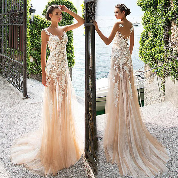 Marvelous Tulle & Lace Bateau Neckline See-through Sheath Prom Dress With Lace Appliques Champagne Evening Dress vestido de formatura