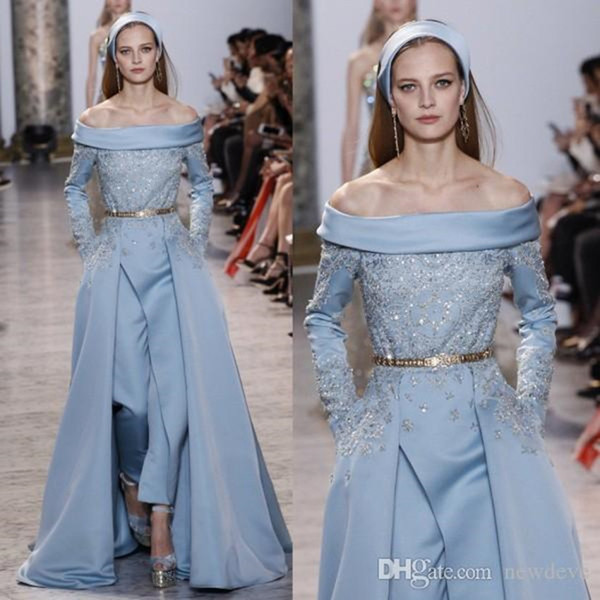 Elie Saab Latest Jumpsuit Evening Dresses Bateau Neck Long Sleeve Prom Dress Lace Applique Sash Overskirts Custom Made Formal Party Gowns