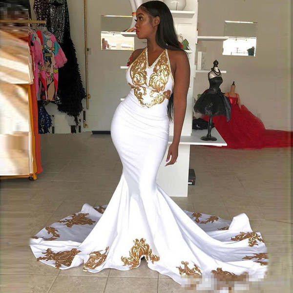 Sexy Mermaid Sweep Train Evening Formal Dresses Rose Gold Applique Sequins Halter V-neck African Plus Size Prom Occasion Prom Dress