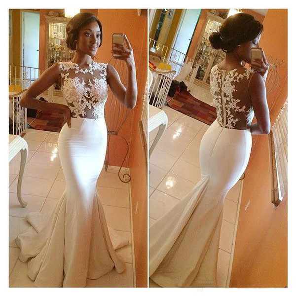 2015 Hot Sale Bateau Mermaid Prom Dresses Appliques Sheer Lace Brush Train Formal Evening Dress Celebrity Gowns Bridesmaid Gown BO5688 2014