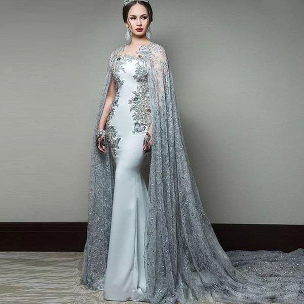 Newest Abric Mermaid Evening Dresses with Cape Sleeve Jewel Neck Formal Evening Wear Sequined Sweep Train Celebrity Gowns