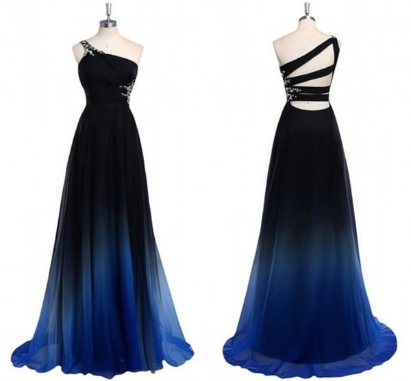 Ombre Gradiant Color Evening Dresses One shoulder Empire Waist Chiffon Black Royal Blue Designer Long Cheap Prom Formal Pageant Dress