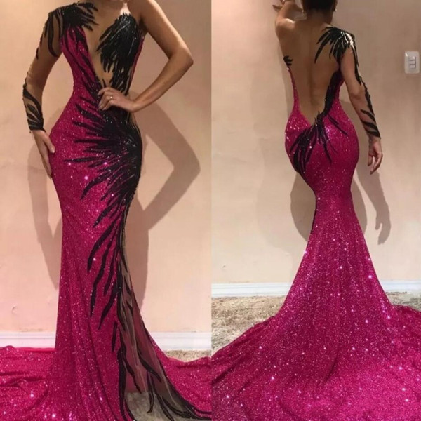 Elegant Fuchsia Mermaid Prom Dresses One Sleeve Open Back Evening Gowns With Black Embroidery Long Sleeves Pageant Dress BC0468