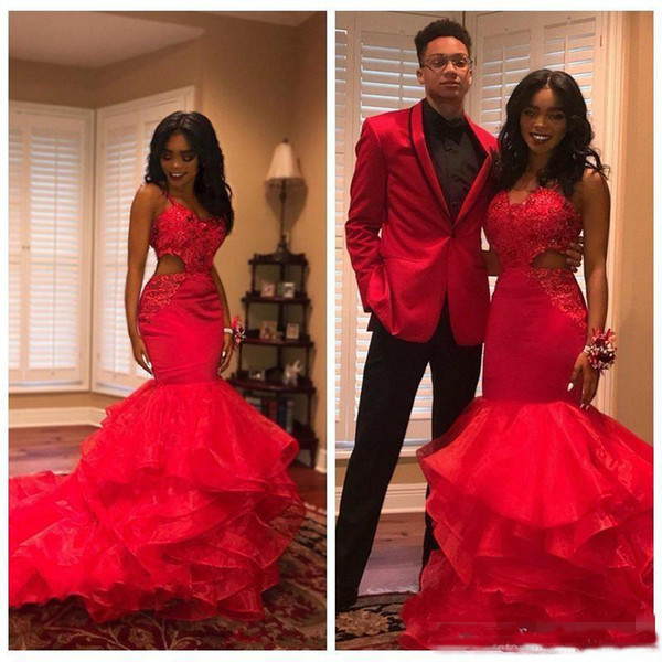 Hot Red African Black Girls Prom Dresses Party Wear Cutaway Lace Appliques Beads Tiered Mermaid Evening Gowns Party Vestidos