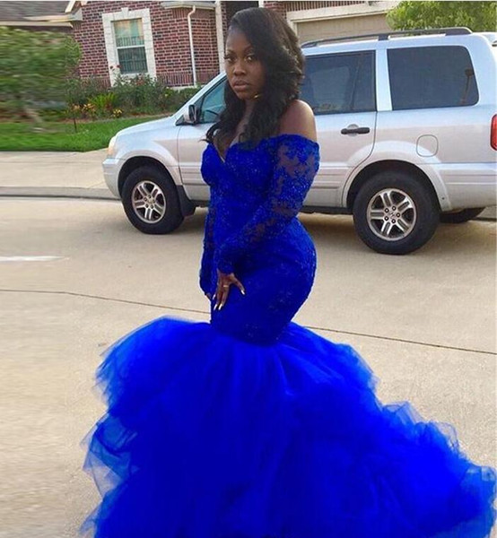 Royal Blue Long Sleeve Prom Dresses Black girl Elegance Lace Tutu Evening Dresses African Lady formal Event Gowns