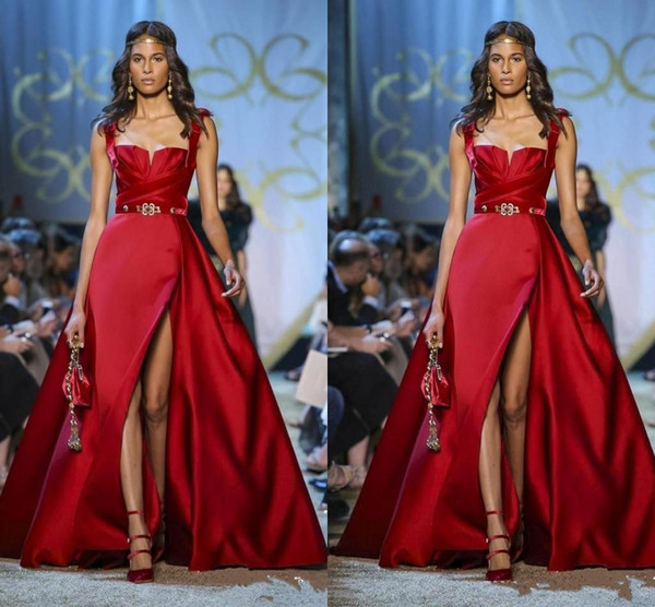 Elie Saab Haute Couture Red Evening Dresses Spaghetti A Line Side Split Prom Dress Formal Party Gowns Special Occasion Dress