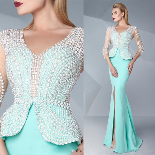 Sexy Evening Dresses Wear V Neck Blue Satin Long Crystal Pearls Beading Mermaid Peplum Split Prom Gowns Plus Size Formal Party Dress