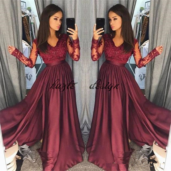 Hot Burgundy Lace Prom Dresses Sheer Vintage Long Sleeves A Line V Neck Formal Party Wear Prom Pageant Gowns Arabic