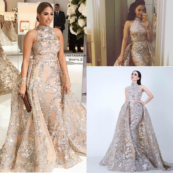 Champagne Arabic Dubai Mermaid Prom Dresses with Detachable Train Lace Applique Floor Length Dresses Party Wear Evening Gowns