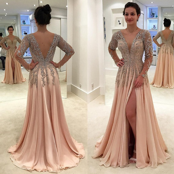 Gorgeous Crystals Backless Dresses Evening Wear Deep V Neck Beaded Prom Gowns Floor Length A Line Chiffon Split Side Formal Dress