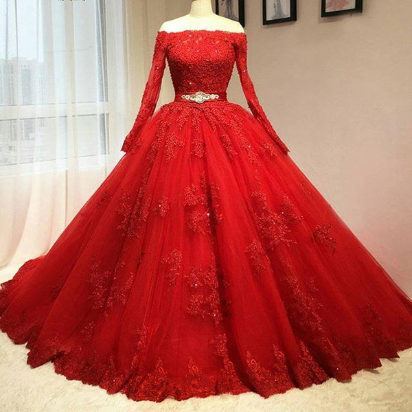 Real 2016 Delicate Red Ball Gown Quinceanera Dresses Off Shoulder Long Sleeves Tulle Key Hole Back Corset Pink Sweet 16 Dresses Prom Dresses