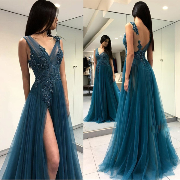 Cheap Prom Sweet 16 Dresses Long Sheer Scoop Backless Formal Evening Gowns High Split Bead Lace Appliques Tulle Celebrity Ball Party Dress