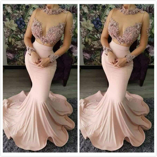 Lace Beaded Sexy Evening Dresses High Neck Long Sleeves Prom Dresses Elastic Satin Formal Party Bridesmaid Pageant Gowns